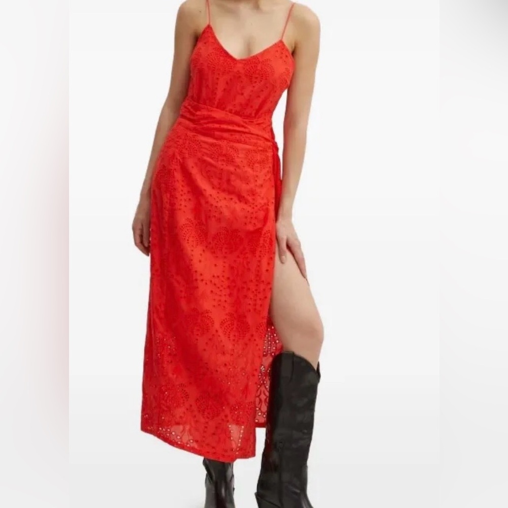 Never Fully Dressed Vibrant Red Eyelet Midi Wrap Skirt